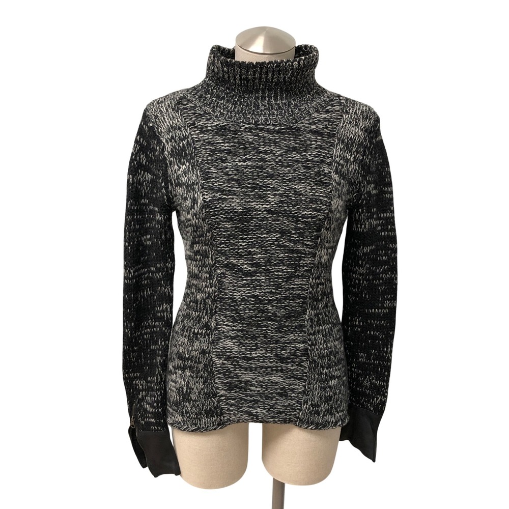 Duffy Sweater Womens XS Black White Wool Turtleneck Zipper Leather Cuff Marled